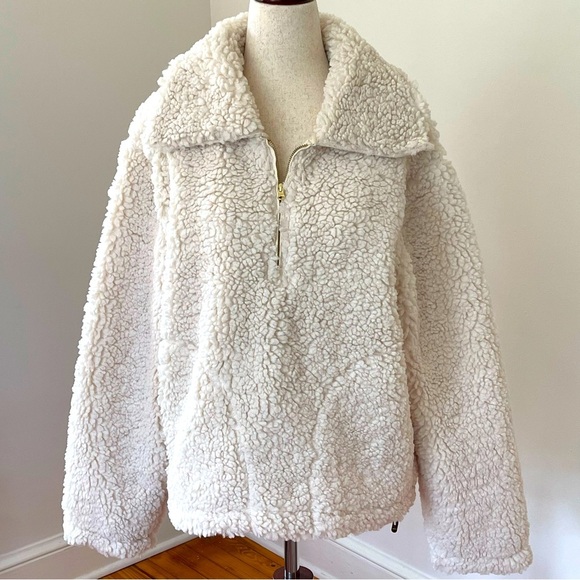 J.Crew Sherpa Fleece Pullover Women’s Medium Cream Half Zip Teddy Jacket Cozy - Picture 2 of 8